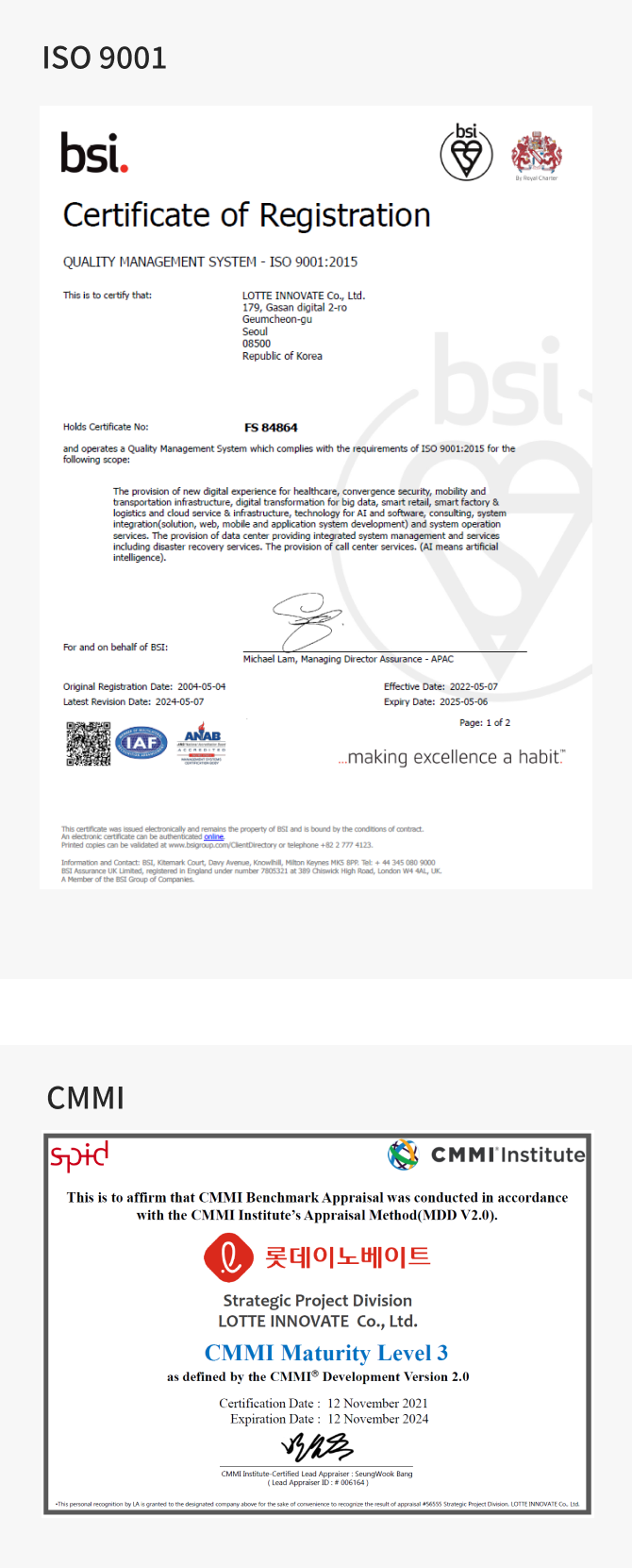 ISO 9001, CMMI 자격증